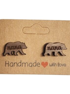 Nana Bear Script Wood Stud Earrings